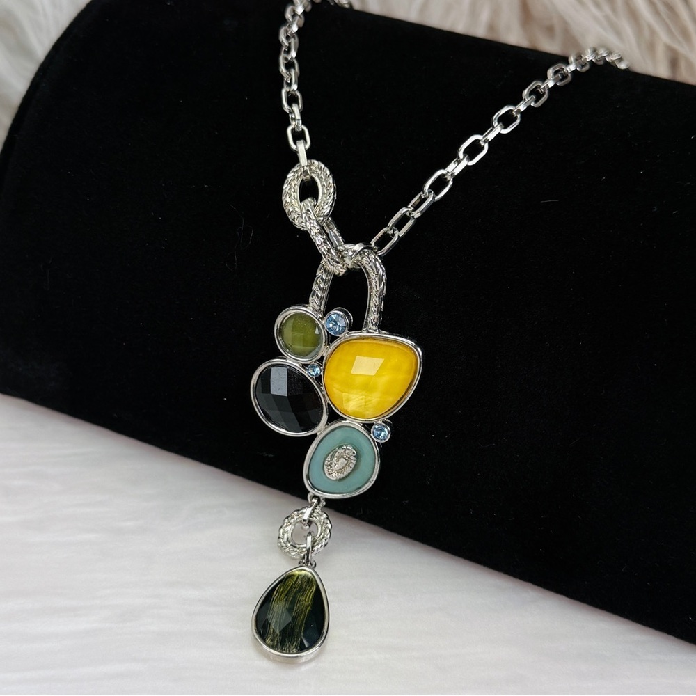 Elegant Silvertone Multi-Color Pendant Necklace